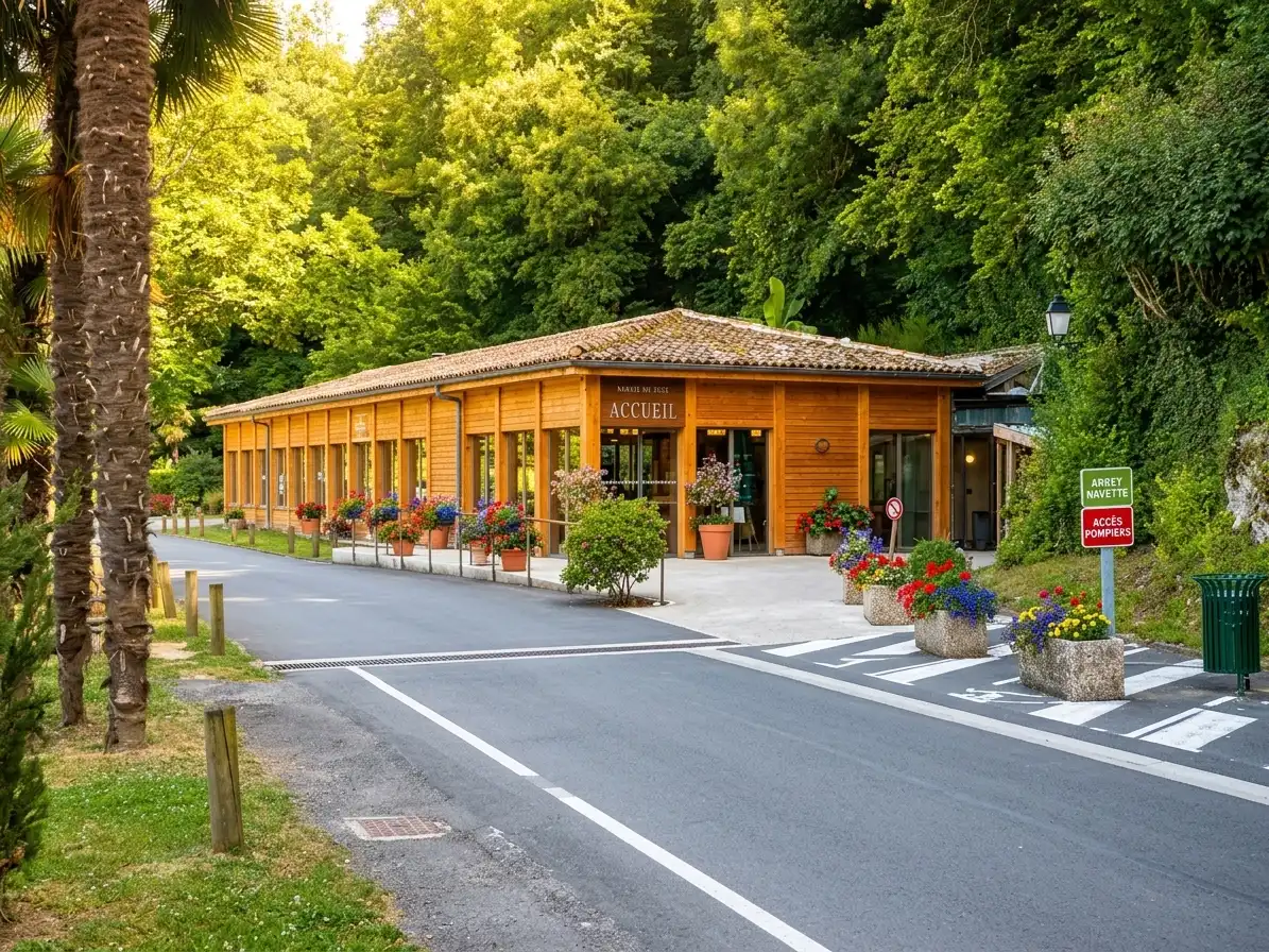 Bâtiment en bois de l'accueil de l'entrée des Thermes de Jonzac entouré de verdure et de fleurs
