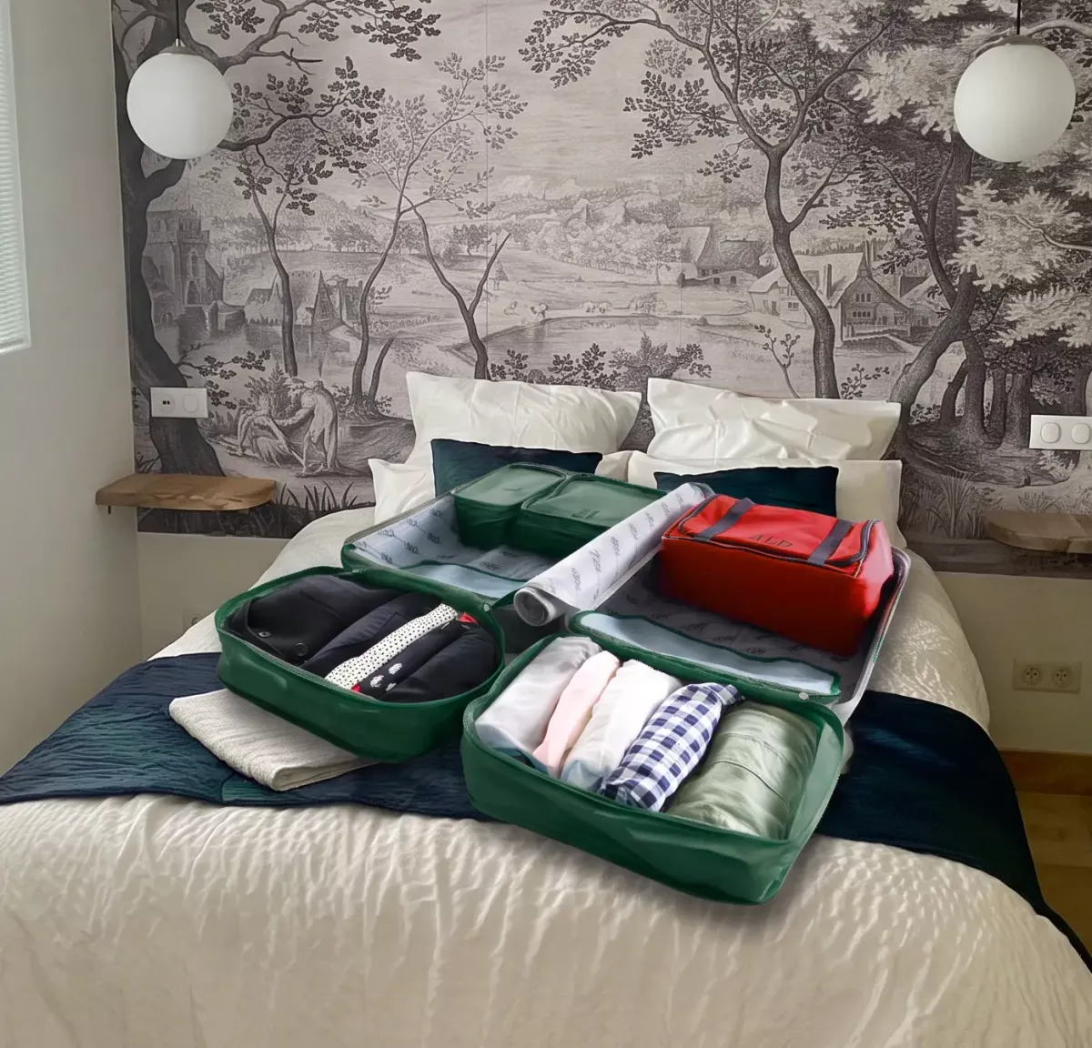 Valise ouverte et parfaitement organisée sur le lit d'une chambre du Domaine des Ânes pour un séjour de cure thermale à Jonzac