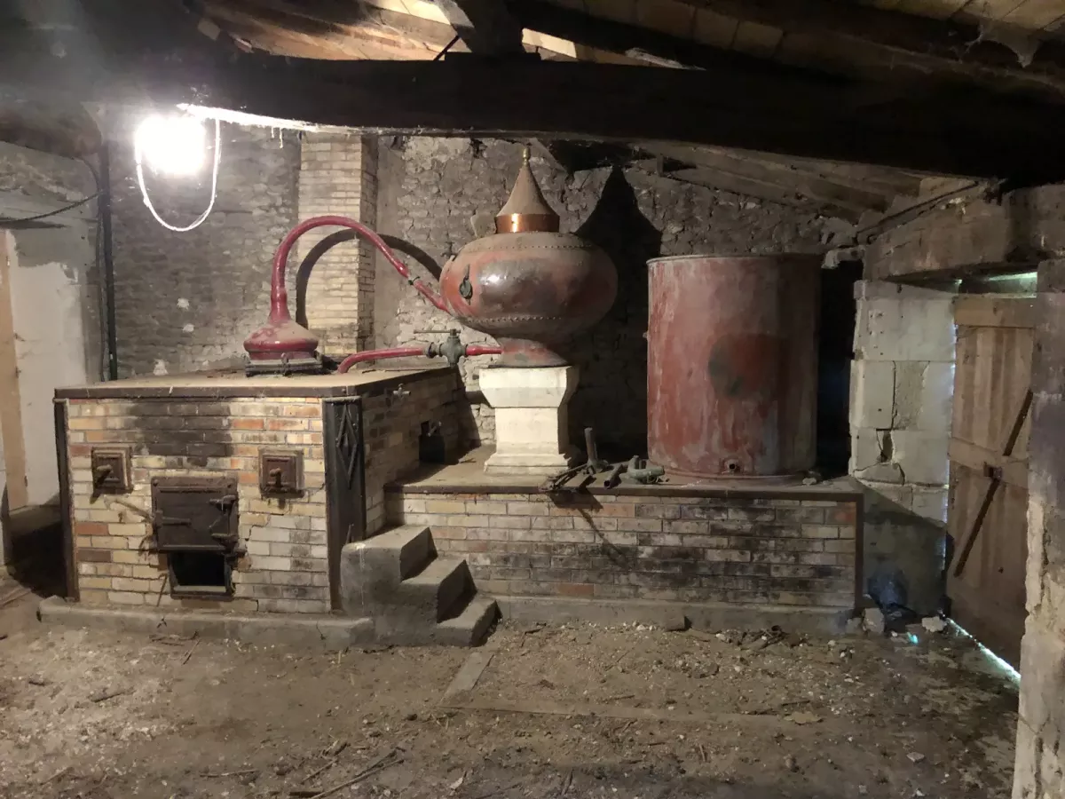 Ancien alambic traditionnel en cuivre dans le chai de distillation avant sa disparition au Domaine des Ânes