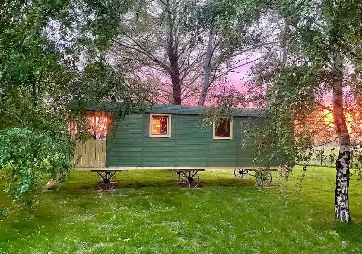 La Roulotte de la Clairière au Domaine des Ânes, un gîte et hébergement insolite en bois vert à Tugéras-Saint-Maurice au coucher du soleil